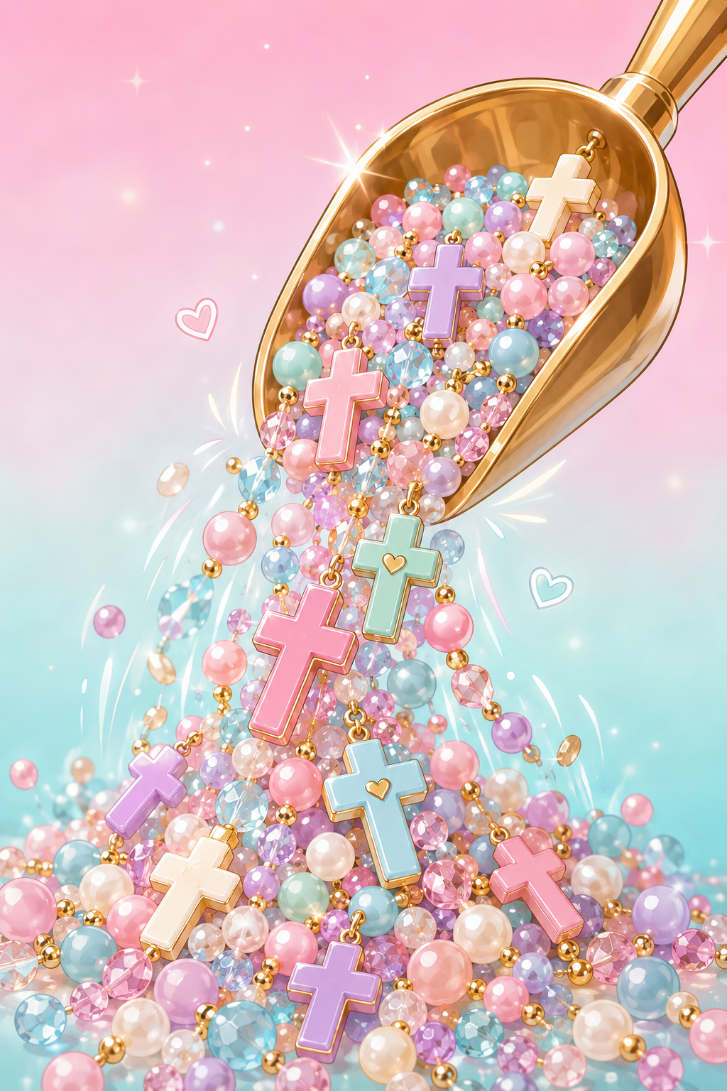 Golden scoop overflowing with pastel cross charms and pearls